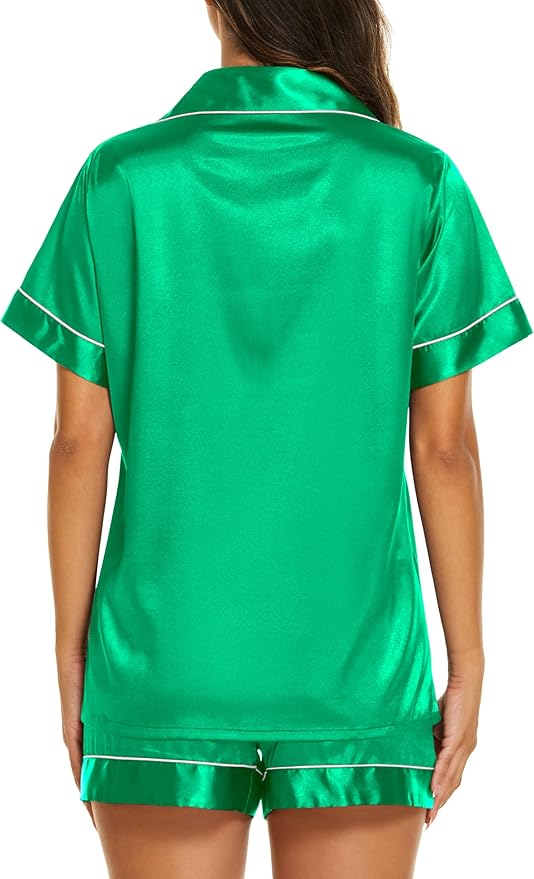 Ekouaer Silk Pajamas for Women Short Sleeve Sleepwear Soft Button Down Loungewear 2 Piece Satin Pjs Shorts Set