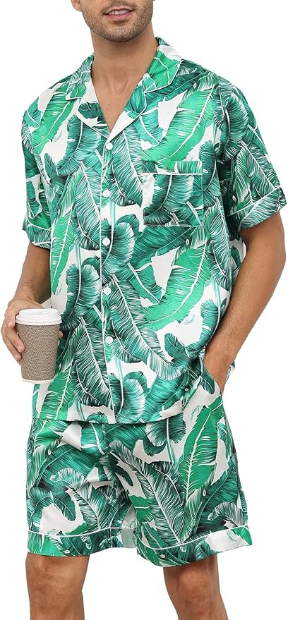 SWOMOG Satin Matching Pajamas Sets Couple Silk Button Down Nightwear Women & Men Short Sleeve Sleepwear 2 Pieces Loungewear