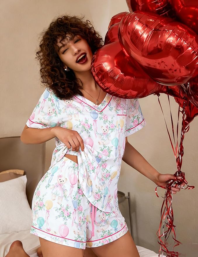 ASTANFY Valentines Day Pajamas Women 2 Piece Silk Valentine Pjs Cute Heart Pajamas V Neck Satin Sleepwear Loungewear Set