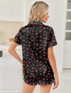 Ekouaer Womens Silk Satin Pajama Sets 2 Piece Button Down Silk Pjs Shorts Sets Cute Print Short Sleeve Sleepwear S-4XL