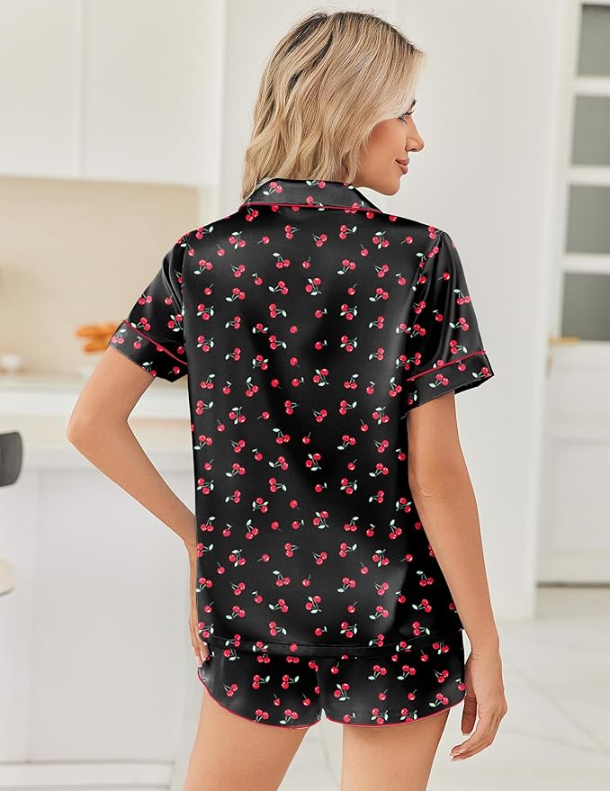 Ekouaer Womens Silk Satin Pajama Sets 2 Piece Button Down Silk Pjs Shorts Sets Cute Print Short Sleeve Sleepwear S-4XL