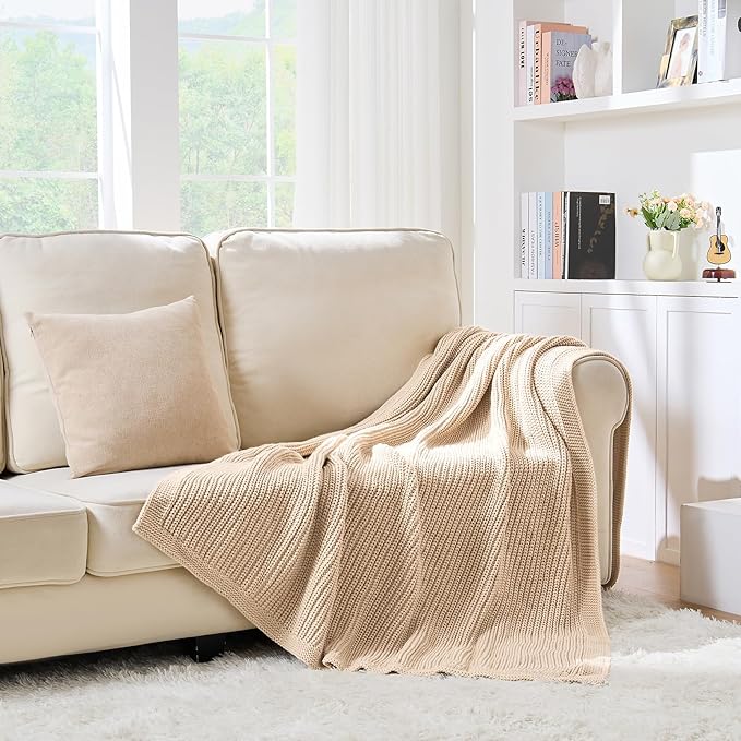 Beige Throw Blanket for Couch Chunky Knit Soft Cozy Thick Cable Knitted Throw for Sofa Bed Cute Decorative Blanket for Living Room,50"x 60",Ginger Beige