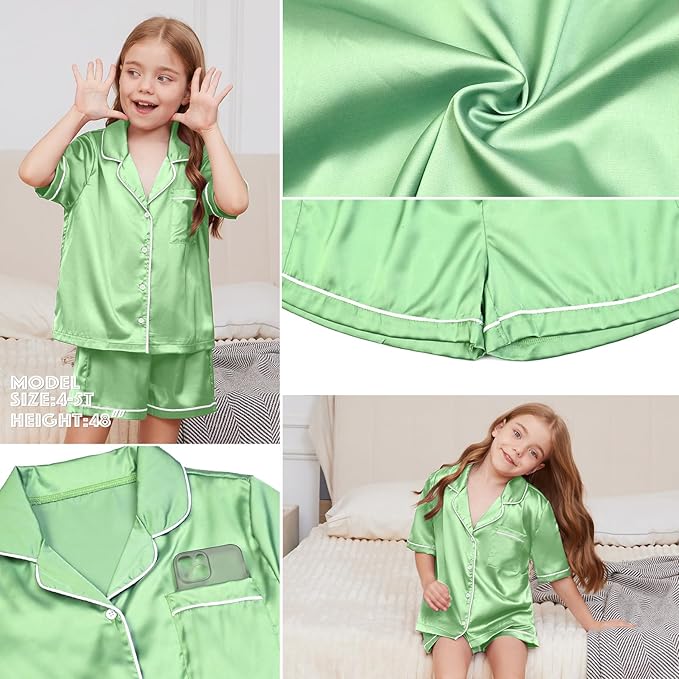 QPANCY Kids Satin Pajamas Sets Baby Boy Girl Button-Down Silk Sleepwear 2 Piece Short Sleeve Loungewear Clothes Set