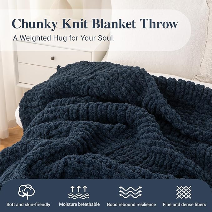 Bunnikins & Clover Navy Blue Throw Blanket for Couch, Chunky Knit Navy Throw Blanket for Home Decor, Handmade Chenille Cable Knit Throw, 50"x60"