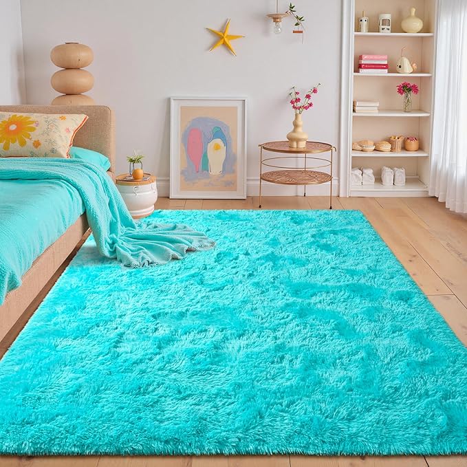 junovo 3x5 Blue Washable Area Rug for Girls Bedroom, Soft Non-Slip Fluffy Bedside Rugs, Shag Plush Memory Foam Carpet for Kids Room Baby Nursery Home Decor Aesthetic