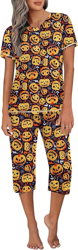 Ekouaer Women's Sleepwear Capri Pajama Sets Short Sleeve Two-Piece Pjs V Neck Tops & Capri Pants with Pockets S-3XL