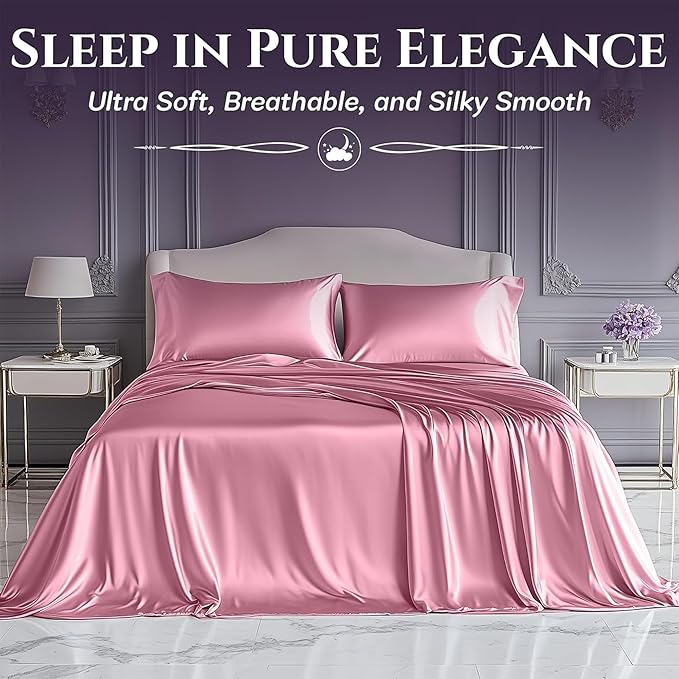 SLEEP SANCTUARY Satin Sheets Full Size – 4 Piece Luxury Silky Bed Set, Softer Than Silk, 15" Deep Pocket, Cooling & Wrinkle-Free, Moisture-Wicking & Breathable for Hair & Skin (Pink)