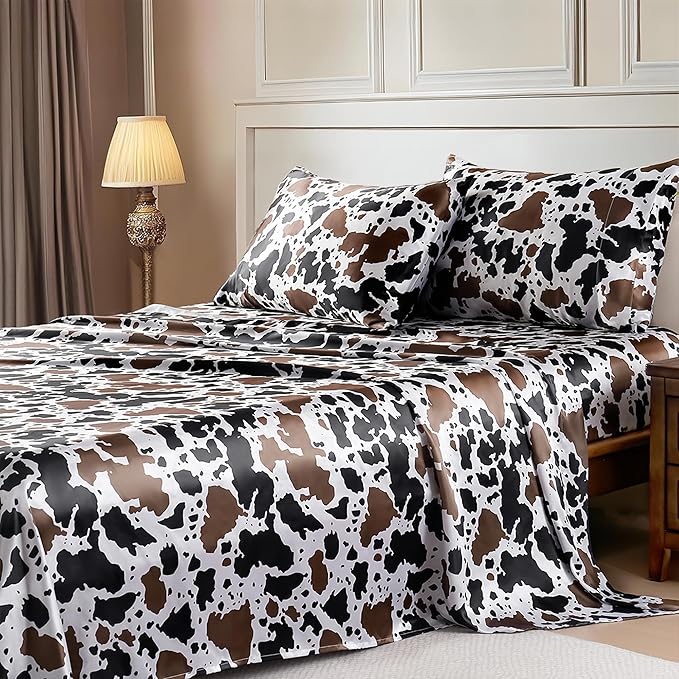 MR&HM Satin Sheets with Elastic Corner Straps, Twin XL Size 3-Piece Silky Bedding Set, Deep Pocket 15 Inches, Good for Hair & Skin (Twin XL, Cow Print)
