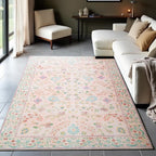 CRYPTOLITE Area Rug 4x6, Washable Faux Wool Throw Rugs for Living Room, Non Slip Low Pile Vintage Boho Carpet for Dining Room, Home Office, Bedroom, Kids Room, Bedside (Pink)