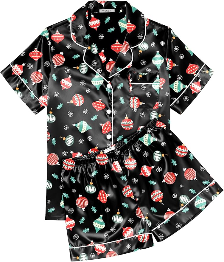 Ekouaer Womens Silk Satin Pajama Sets Soft Short Sleeve Button Down Sleepwear Top and Shorts 2 Piece Pjs Lounge Set