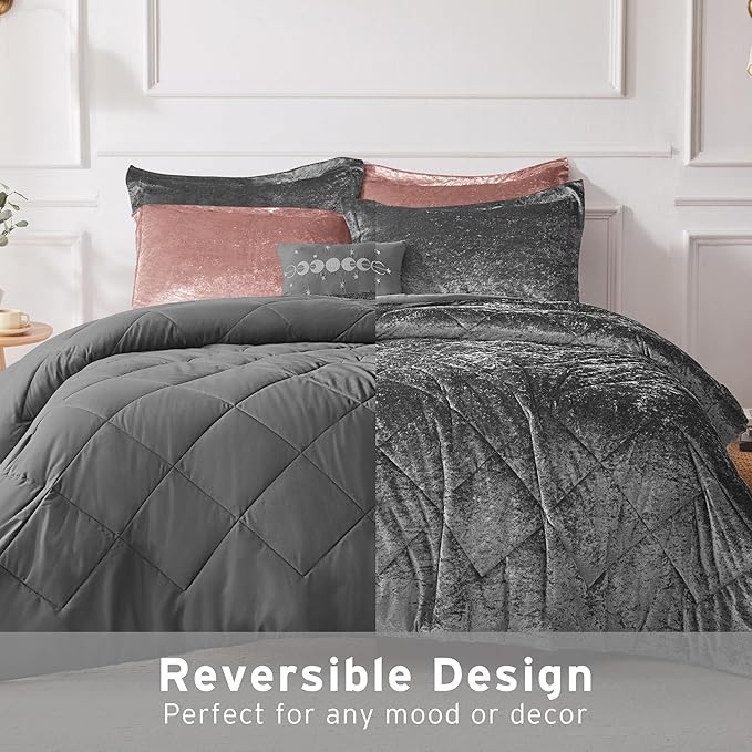 Intelligent Design Twin Comforter Set, Velvet Comforter Set , Luxury Diamond Quilting Comforter Set, Fluffy Comforter Bed Set with Decorative Pillowand 1 Sham, 3 Piece Grey, Twin/Twin XL