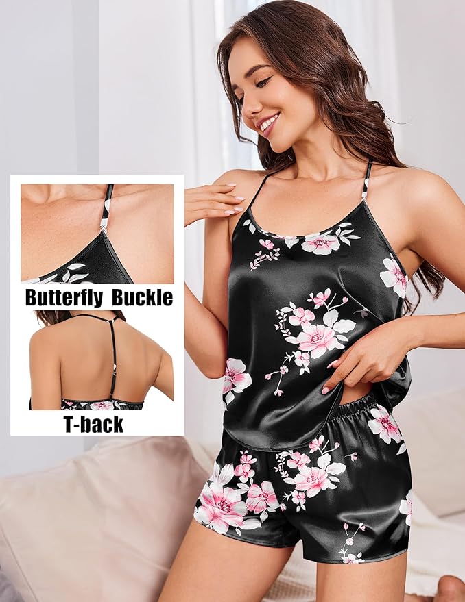 Ekouaer Silk Satin Pajamas Set for Women T-back Lingerie Pjs Cami Top and Shorts Sleepwear Gift for Honeymoon Party