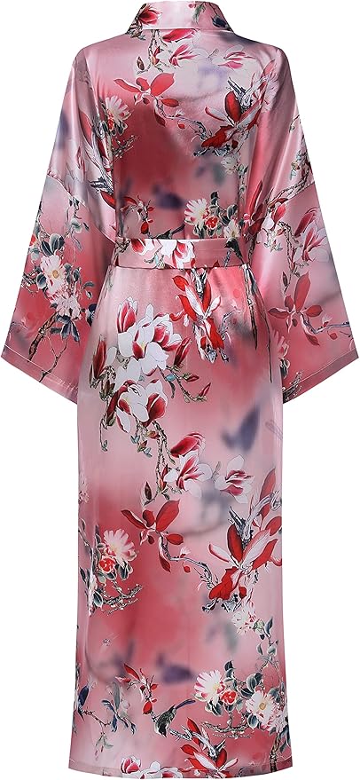 Valennia Women Long Silky Bathrobe Satin Kimono Robe Floral Printed Dressing Gown Sleepwear