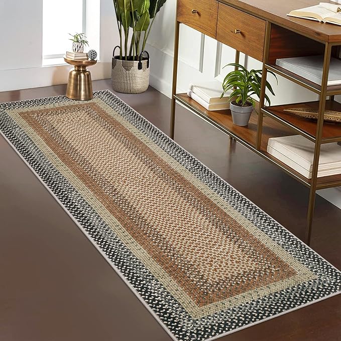 RUGSREAL 2x10 Long Hallway Runner Rug Braided Print Rug Runner Non Slip Kitchen Runner Carpet Washable Farmhouse Carpet Rustic Accent Mat for Living Room Bedroom Bathroom, Sand/Bronze
