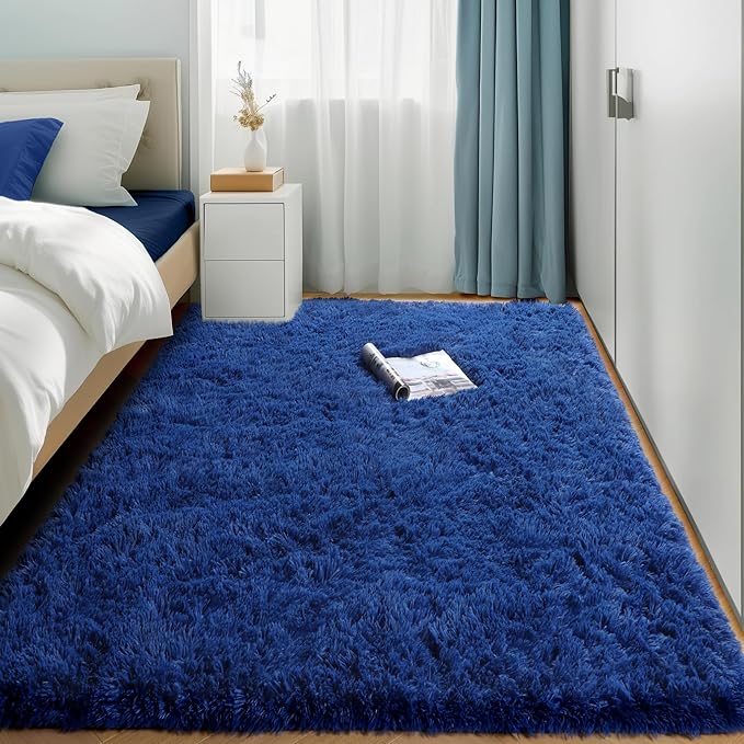 Amdrebio Navy Blue Area Rugs for Boys Bedroom, 5x7 Shag Fluffy Furry Plush Rug for Kids Room, Living Room Decor Aesthetic, Cool Royal Dark Blue Carpet for Baby Nursery Classroom Office Dorm Playroom
