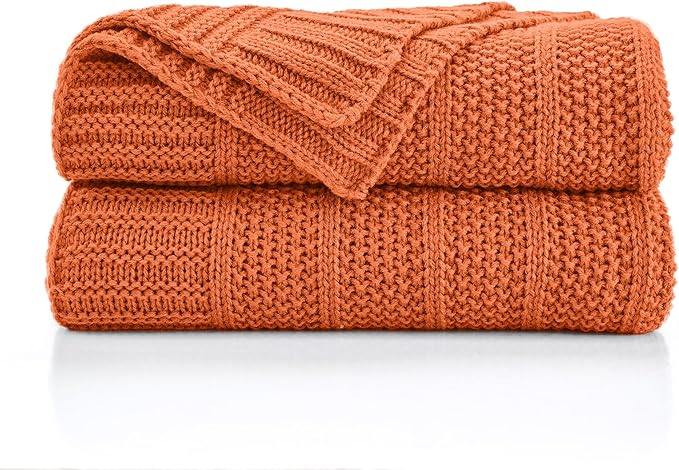 Douceur Rust Orange Throw Blanket for Bed, Soft Cozy Lightweight Stripe Pattern Knitted Throw Blanket for Sofa, Living Room Gift, 60"X80"