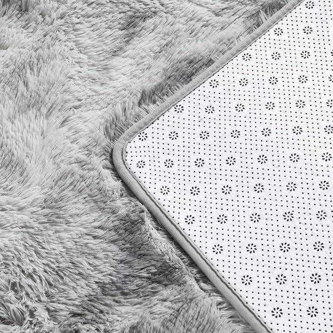 Deerhoo Large Shag Area Rugs 10 x 14, Tie-Dyed Plush Fuzzy Rugs for Living Room, Ultra Soft Fluffy Furry Rug for Bedroom, Anti-Skid Indoor Carpet Nursery Rugs for Kids Room Home Decor, Light Grey