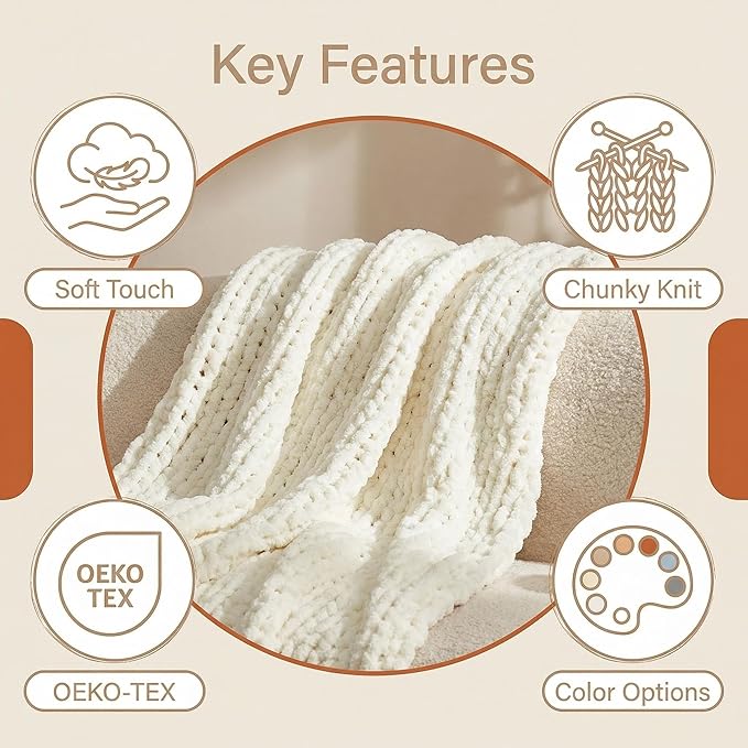 Amélie Home Chunky Knit Throw Blanket for Couch, Soft Chenille Handmade Crochet Throw Rope Knot Blanket for Couch, 60"x80", Ivory