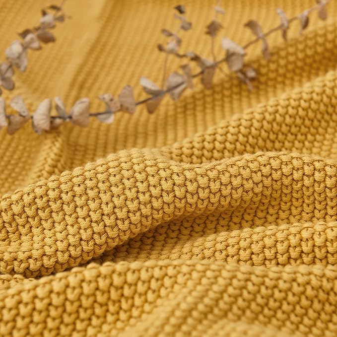 Longhui bedding Mustard Yellow Cotton Cable Knit Throw Blanket for Couch Sofa Bed, Home Decorative Lightweight Knitted Blankets with Bonus Laundering Bag, 50“ x 60”, Machine Washable
