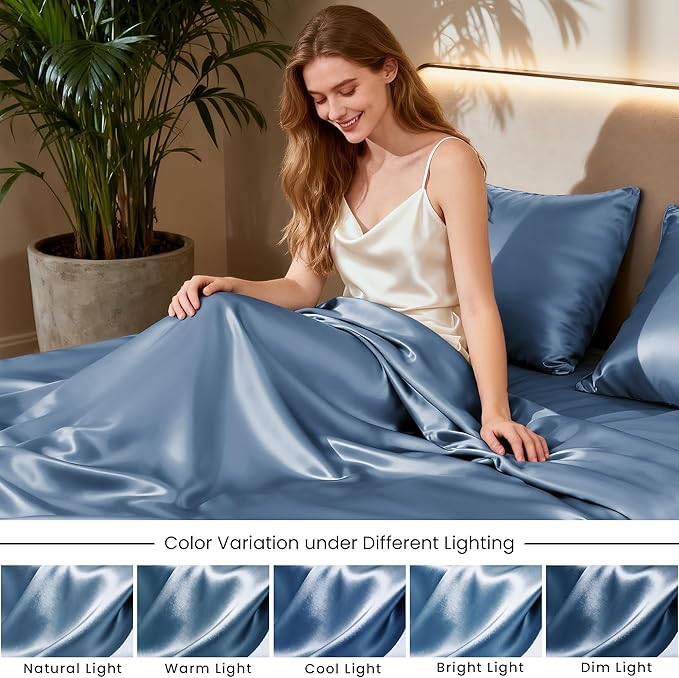 Love's cabin Twin Satin Sheets Sets - 3 Piece Ash Blue Silky Bed Sheets with Deep Pockets, Luxury Silk Feel Satin Twin Size Sheet Set Bedding Set (1 Flat Sheet,1 Fitted Sheet,1 Pillow case)