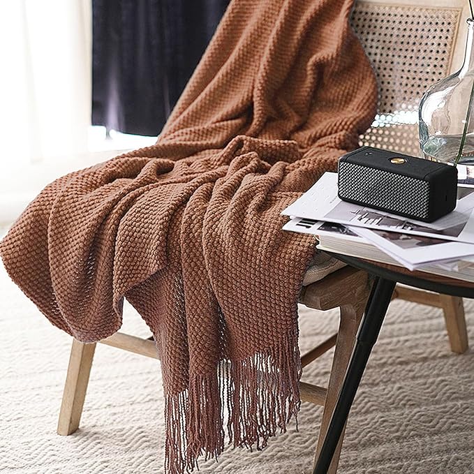 LOMAO Knitted Throw Blanket with Tassels Bubble Textured Lightweight Throws for Couch Cover Home Decor (Caramel, 60x80)