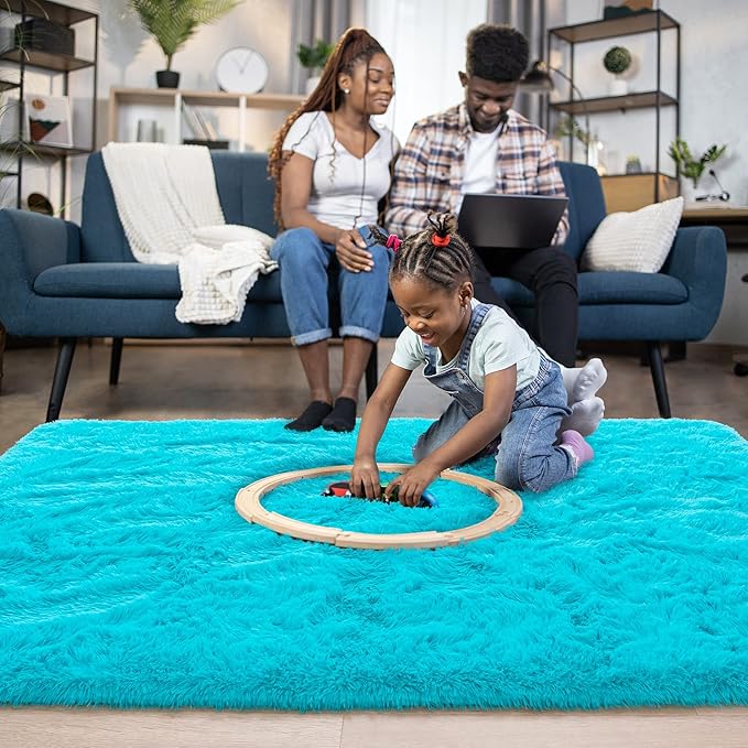 Noahas Fluffy Bedroom Rug,3x5 Feet Plush Fuzzy Teal Blue Area Rugs for Living Room, Non Slip Thick Soft Shaggy Nursery Furry Floor Dorm Kids Carpet