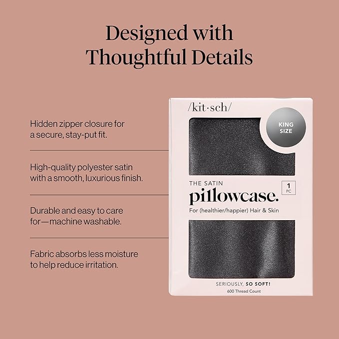 Kitsch Satin Pillowcase with Zipper for Hair & Skin - Softer Than Silk Pillow Cases, Smooth Cooling Satin Pillow Case, Wrinkle-Free, Machine Washable - King Size Satin Pillow Case (19x36) - Charcoal