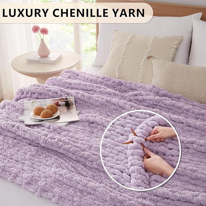 L'AGRATY Chunky Knit Blanket Throw: 80''x90'' Chenille Chunky Knitted Throw Blanket for Bed Couch - Handmade Thick Big Cable Knit Blanket - Large Chunky Crochet Rope Blanket for Home Decor(Purple)