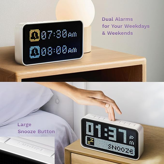 Dekala PixelRise Smart Alarm Clock for Bedroom,Pixel Art LED Dot Matrix Display, Weather Temperature Animation, Loud Dual Alarm for Heavy Sleeper, Sleep White Noise, WiFi Weather & DST Time Sync, App