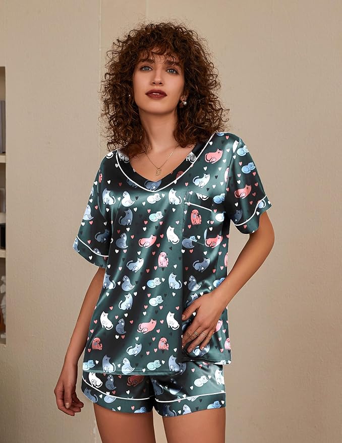 Ekouaer Silk Pajama for Women Short Sleeve Satin Pj Set Two Piece Soft Sleepwear Loungewear, S-XXL