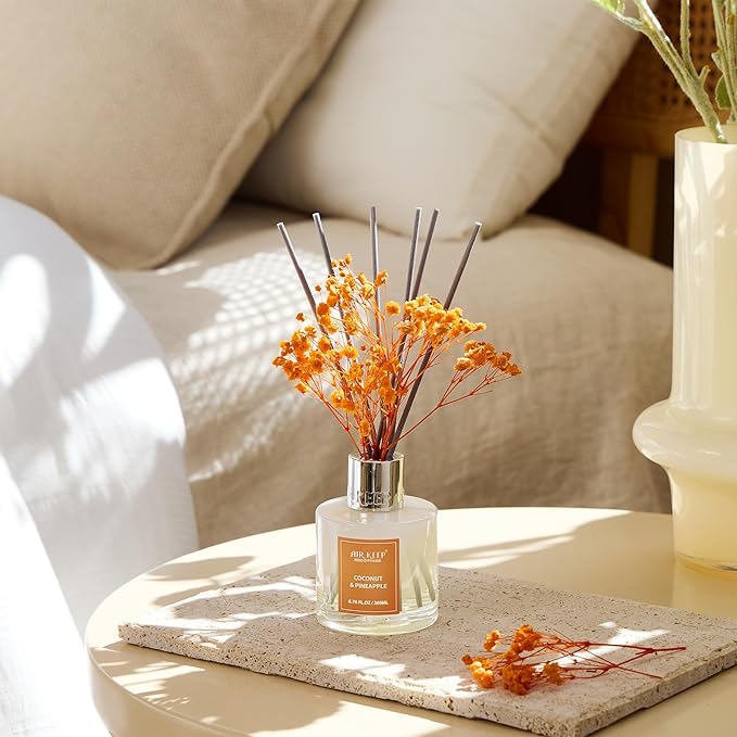 Airkeep Reed Diffuser Set,6.76 fl oz (200 ml) - Coconut & Pineapple Oil Diffusers with 8 Reed Sticks, Home Fragrance Reed Diffuser for Bathroom Shelf Decor