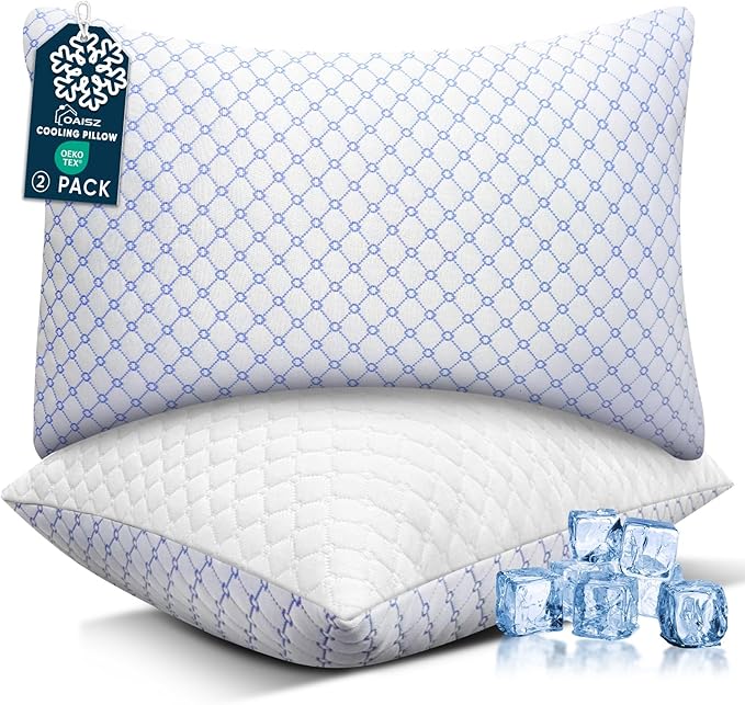 OAISZ Cooling Pillow King Size Set of 2, Shredded Memory Foam Bed Pillows for Sleeping, Adjustable Pillows with Cooling Cover, Soft Yet Supportive Memory Foam Pillows for Side Back Stomach Sleepers