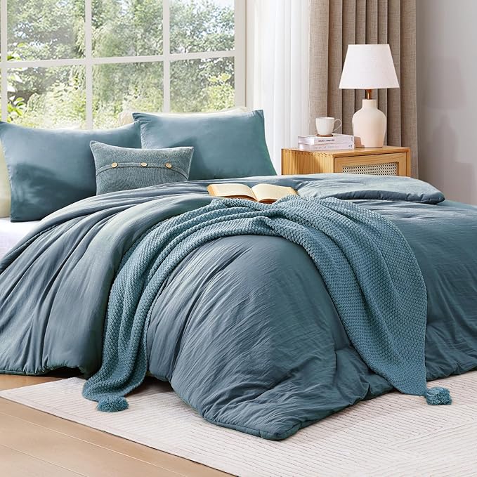 WRENSONGE Queen Comforter Set - 3 Pieces Prewashed Oxford Blue Comforter Soft Lightweight for All Seasons,Down Alternative Comforters Queen Size with 2 Pillow Shams