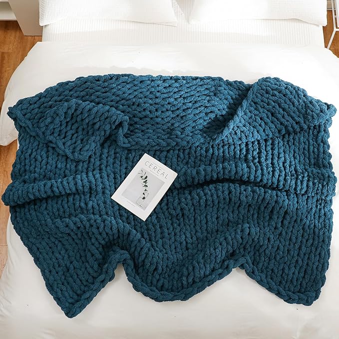 YAAPSU Chunky Knit Throw Blanket for Couch, 51“x63”, 100% Hand Knitted Thick Cable Knit with Cozy Jumbo Chenille Yarn, Soft Large Rope Knot Crochet Blankets for Sofa Bed Living Room Décor, Ocean Blue