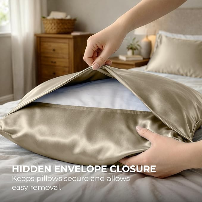 Satin Pillowcase 2 Pack - Queen Size (20"x30", Champagne Gold) - Silky Pillow Cases for Hair and Skin - Satin Pillow Covers with Envelope Closure - Extra Soft Premium Microfiber