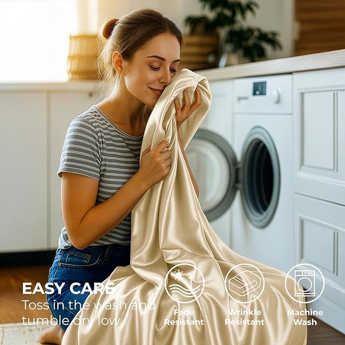 Satin Sheets Full [4-Piece, Ivory] Hotel Luxury Silky Bed Sheets - Extra Soft 1800 Microfiber Sheet Set, Wrinkle, Fade, Stain Resistant - Deep Pocket Fitted Sheet, Flat Sheet, Pillow Cases