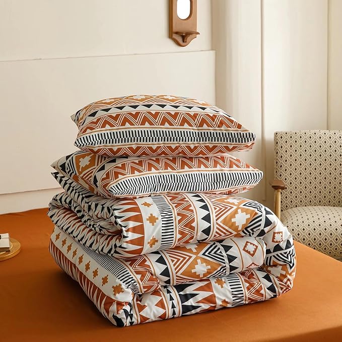 Luxlovery Aztec Orange Comforter Set Twin Boho Geometric Bedding Set Beige Black Multicolor Farmhouse Blanket Quilts Soft Rustic 3PCS Comforter Set