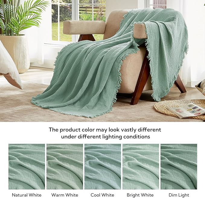 SOULFUL Muslin Throw Blanket with Tassels - Soft King Size Cotton Throw Blanket for Couch or Bed, Lightweight and Breathable Gauze for All Seasons, LightChampagne, 108" x 90"