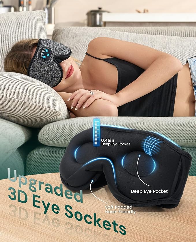 Bluetooth Sleep Mask with Wireless Headphones – Soft 3D Contoured Eye Mask for Men & Women, Comfortable for Side Sleepers, Travel, and Relaxation