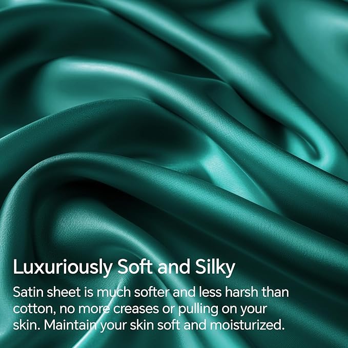 BEDELITE Satin Sheets Queen Size Bed Set, Luxury Soft Teal Silky Sheets for Hair and Skin, Similar to Silk Bed Sheets Set 4 Pieces （1 Deep Pocket Fitted Sheet, 1 Flat Sheet, and 2 Pillowcases）