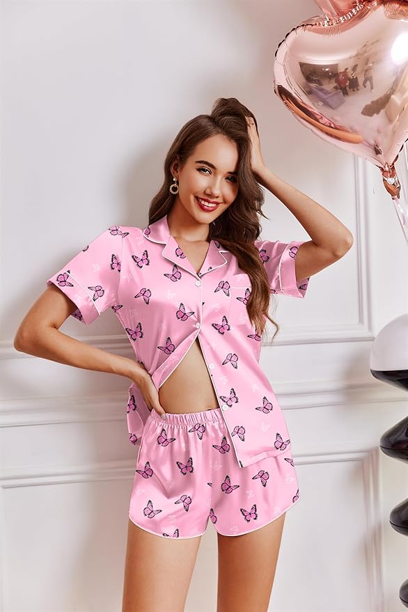 Ekouaer Womens Silk Satin Pajamas Short Sleeve PJS Shorts Set Soft Button Down Sleepwear 2 Piece Loungewear S-5XL
