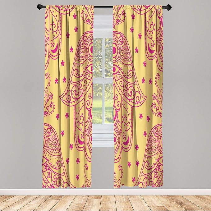 Lunarable Hamsa Window Curtains, Egyptian Boho Hand Shape Pattern Eye Design Bridal Night Inspired Art, Lightweight Decorative 2-Panel Set & Rod Pocket, Pair of - 28" x 63", Pale Orange