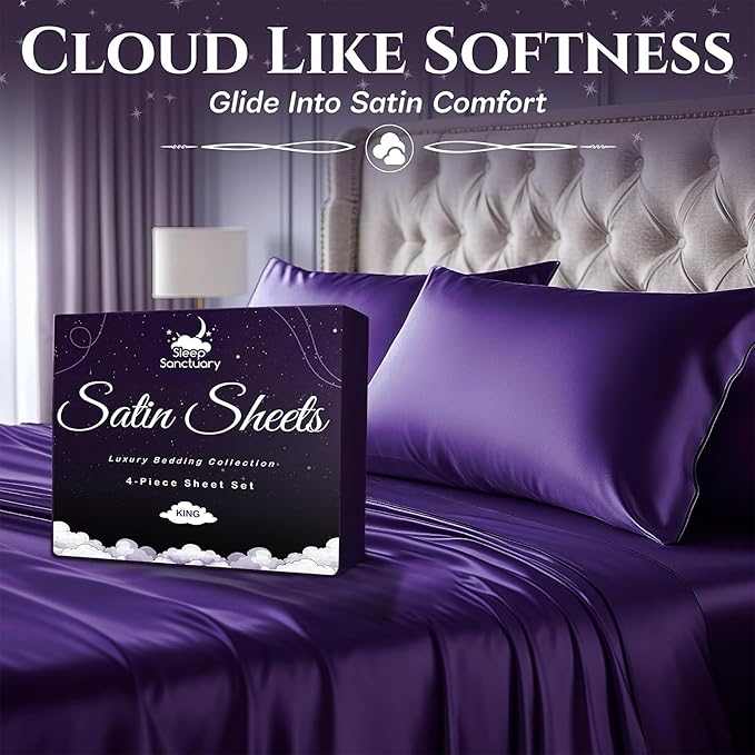 SLEEP SANCTUARY Satin Sheets King Size – 4 Piece Luxury Silky Bed Set, Softer Than Silk, 15" Deep Pocket, Cooling & Wrinkle-Free, Moisture-Wicking & Breathable for Hair & Skin (Purple)