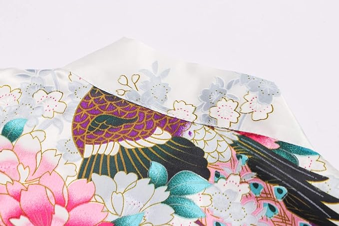 Women's Short Kimono Robes Bride and Bridesmaid Satin Floral Bathrobe Peacock Sleepwear Dressing Gown for Wedding Party