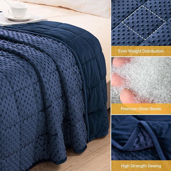 Wemore Minky Dot Weighted Blanket for Adults King Size 25 lbs, Soft Cozy Heavy Blanket for Bed and Couch, Breathable Blanket for All-Season with Glass Beads, Navy Blue 80 x 87 inches