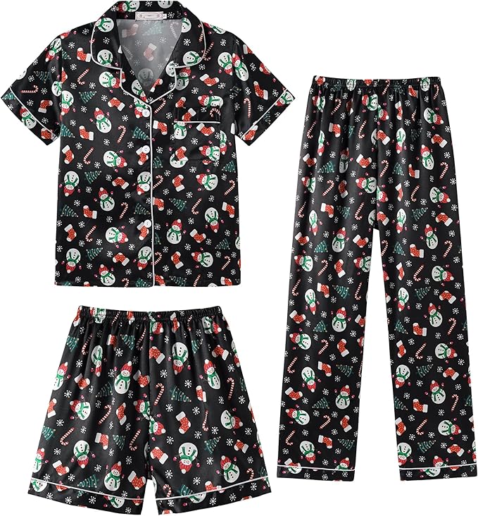 Hupohoi Unisex Girls Boys Kids Pajama Sets Button Down Satin Sleepwear Nighty 3PCS Silky Lounge Sets Nightwear