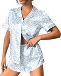 Ekouaer Womens Silk Satin Pajama Set Print Short Sleeve Sleepwear Button Down Pjs Shorts Set Loungewear