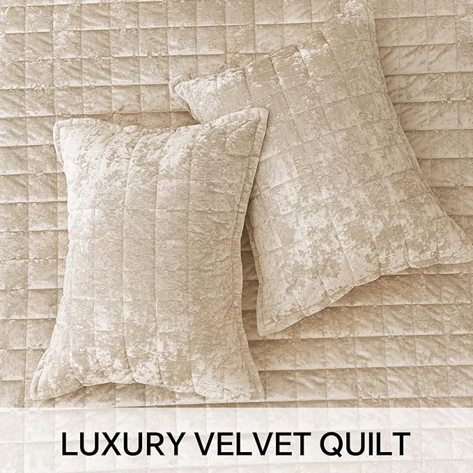 BEDELITE Velvet Quilt Set Queen Size - Luxury Velvet Comforter Bedding Set 3 Pieces, Lightweight Soft Cozy Shiny Urban Taupe Oversized Bedspread Coverlet for All Seasons with 2 Pillow Shams