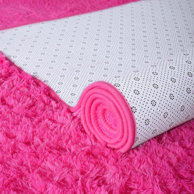 ISEAU Fluffy Rug Carpets Soft Shaggy Area Rugs Indoor Floor Mats for Kids Room Fuzzy Carpet Comfy Cute Nursery Mat Bedside Rug for Boys Girls Bedroom Living Room Home Decor Mat, 3ft x 5ft, Hot Pink
