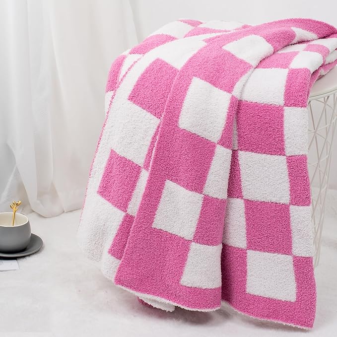 Carriediosa Checkered Throw Blanket 90" X 90" Queen, 400GSM Ultra Soft Microfiber Fuzzy Fluffy Reversible Cute Preppy Knitted Blankets Cozy Plush Fall Throws for Couch, Bed, Sofa, Hot Pink